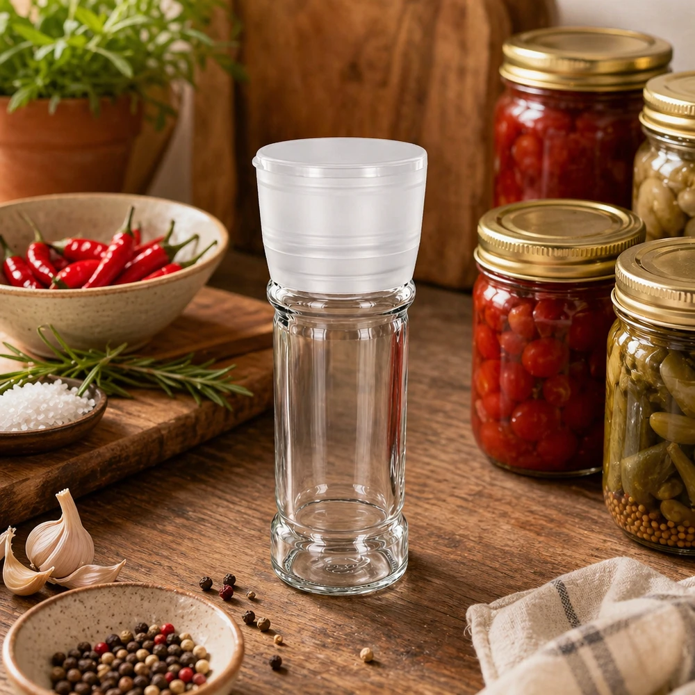 Un verre à sel de 100 ml avec un moulin Vario blanc, à côté de tomates confites et d'épices, sur une table en bois