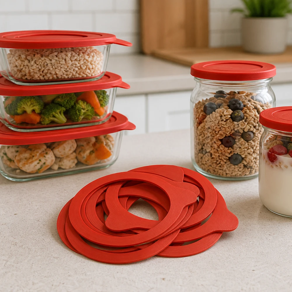 Anneau de mise en conserve RR80 Caoutchouc naturel rouge plusieurs anneaux sur le plan de travail de la cuisine avec des bocaux à provisions Müsli Légumes Meal Prep