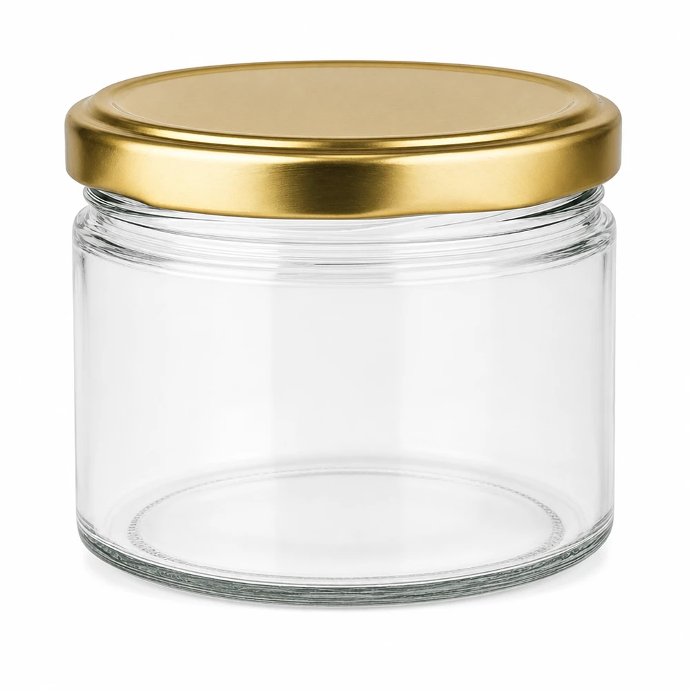 540ml Verre rond avec couvercle BasicSeal or UNiTWIST Verre rond vide de 540ml avec couvercle BasicSeal UNiTWIST doré sur fond blanc