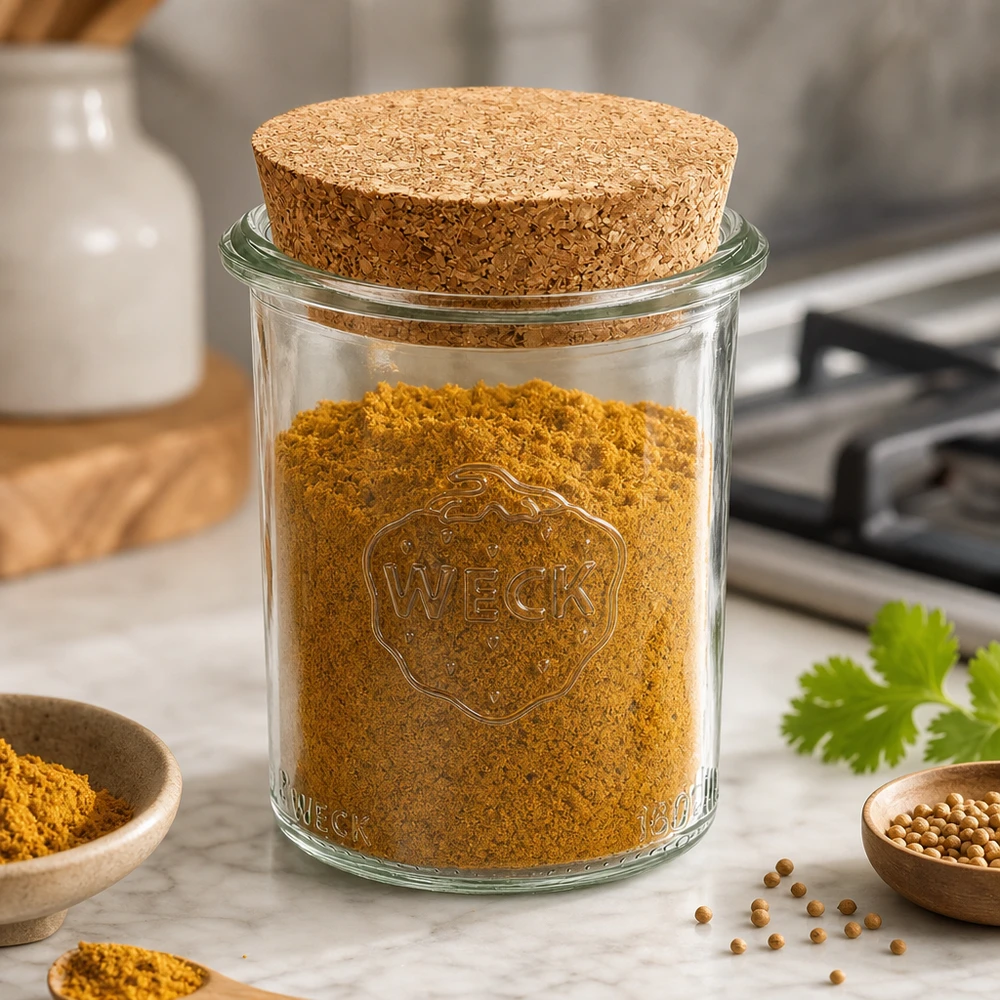160ml bocal conique WECK RR60 avec bouchon nature WECK Pot à provisions 160ml RR60 avec couvercle en liège rempli de poudre de curcuma et d'épices sur plan de travail en marbre