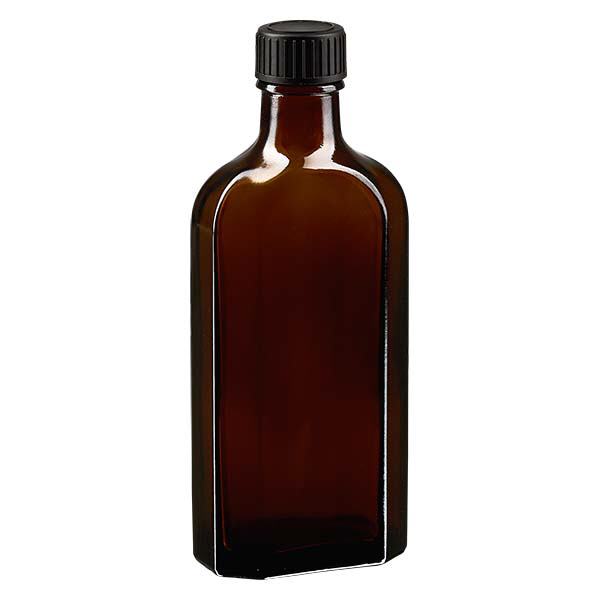 Flasque brune de 150 ml au goulot DIN 22, avec bouchon à vis DIN 22 noir et joint PEE Flasque brune de 150 ml au goulot DIN 22, avec bouchon à vis DIN 22 noir et joint PEE
