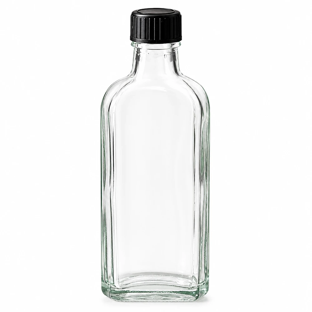 Flacon en verre Meplat transparent de 100 ml, avec bouchon à vis noir et rondelle d'étanchéité LKD