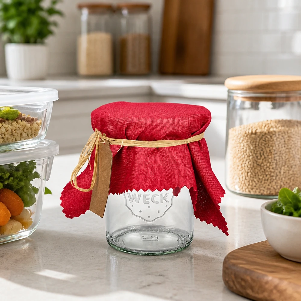 Couvre-bijoux en tissu bordeaux 15cm sur verre WECK dans la cuisine moderne entre les boîtes à provisions et les récipients à épices