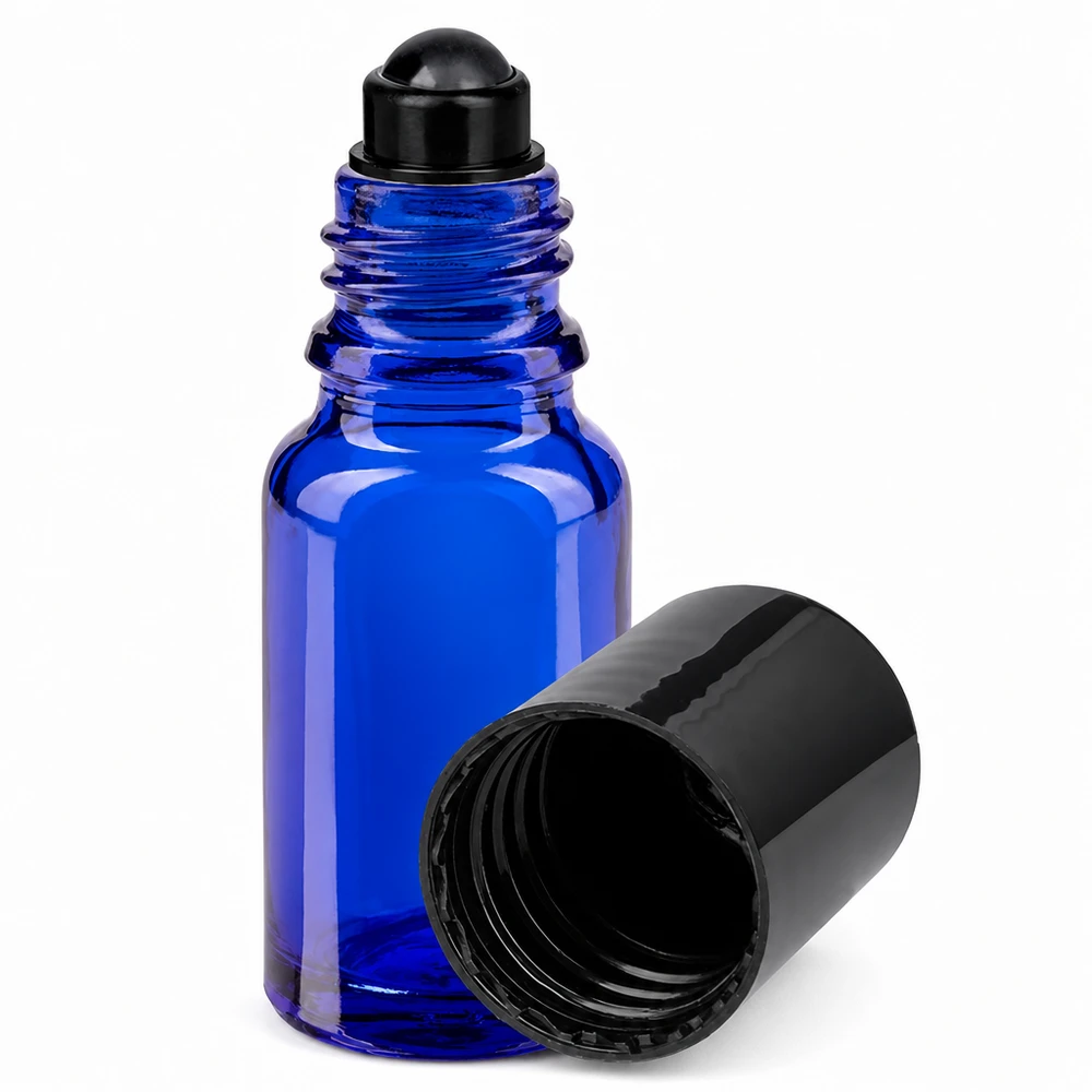 Flacon de déodorant en verre bleu 10 ml, déo à bille vide Flacon roll-on bleu de 10 ml en verre de pharmacie, muni d'une bille noire et d'un bouchon à vis