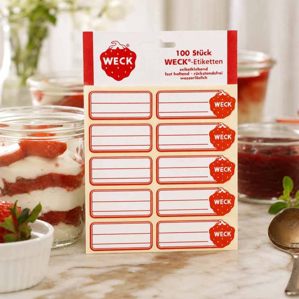 Étiquettes WECK 19 x 13 mm (paquet(s) de 100 pièces) WECK Etiketten Packung neben dekorativem Dessertglas mit Erdbeercreme zeigt vielseitige Anwendung in moderner Küche