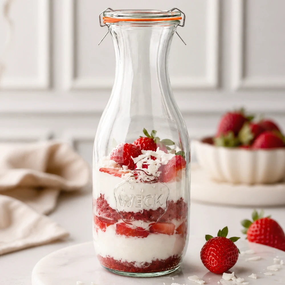 WECK Bouteille de jus de fruits 1062ml RR60 comme verre à dessert rempli de couches de fraises à la crème fond blanc de cuisine