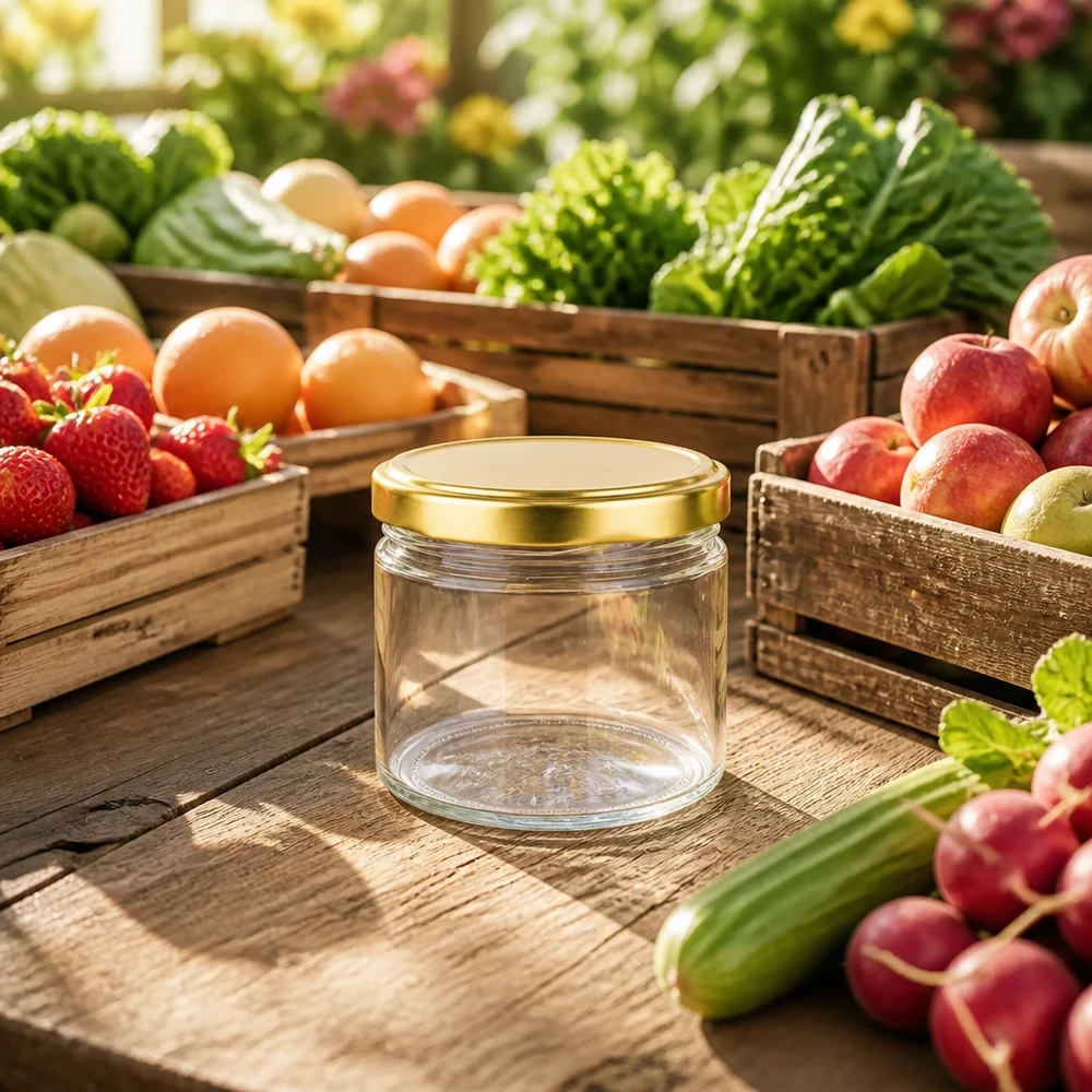 Verre rond de 540ml avec couvercle BasicSeal doré entre les fruits et légumes frais sur une table en bois ambiance naturelle