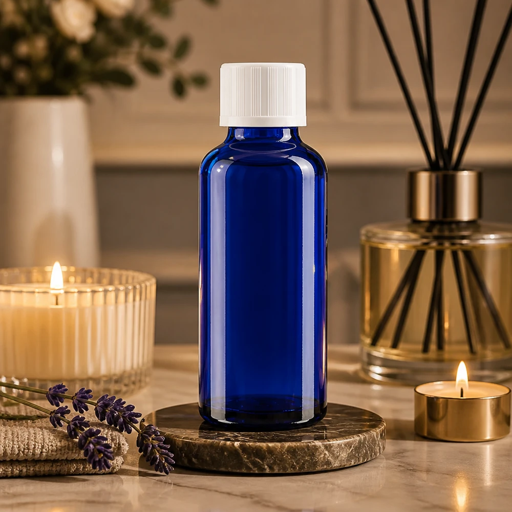 Flacon à pharmacie bleu 30ml bouchon anti-goutte blanc séc. enf. std Flacon d'aromathérapie de 30 ml en verre bleu, muni d'un bouchon blanc à l'épreuve des enfants et d'un compte-gouttes de précision de 1,2 mm