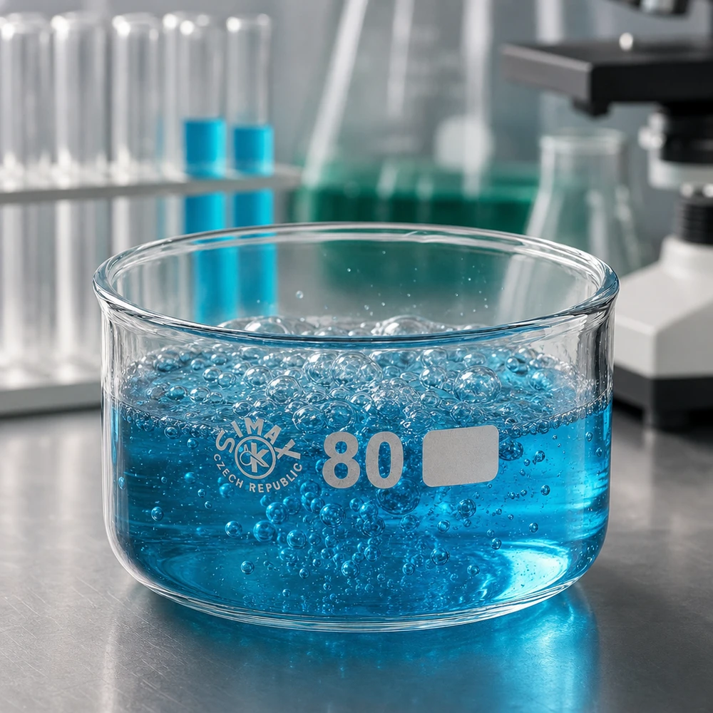 Liquide bleu avec des bulles dans un bac de cristallisation SIMAX de 80 mm en verre borosilicaté, 150 ml, de laboratoire