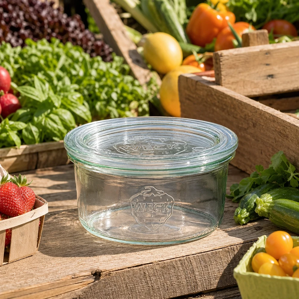 165ml bocal conique avec bouchon en verre WECK RR80 WECK Pot renversé 165ml RR80 vide avec couvercle en verre entre des fruits et légumes frais sur une table en bois rustique