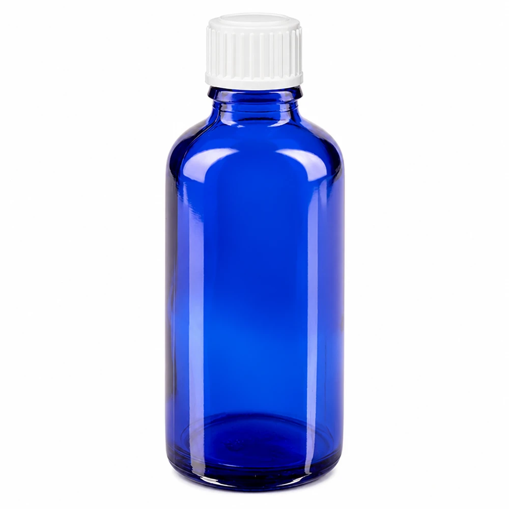 Flacon de pharmacie bleu 50ml bouchon vissable blanc standard Flacon de pharmacie en verre bleu de 50 ml avec bouchon à vis blanc de 11 mm