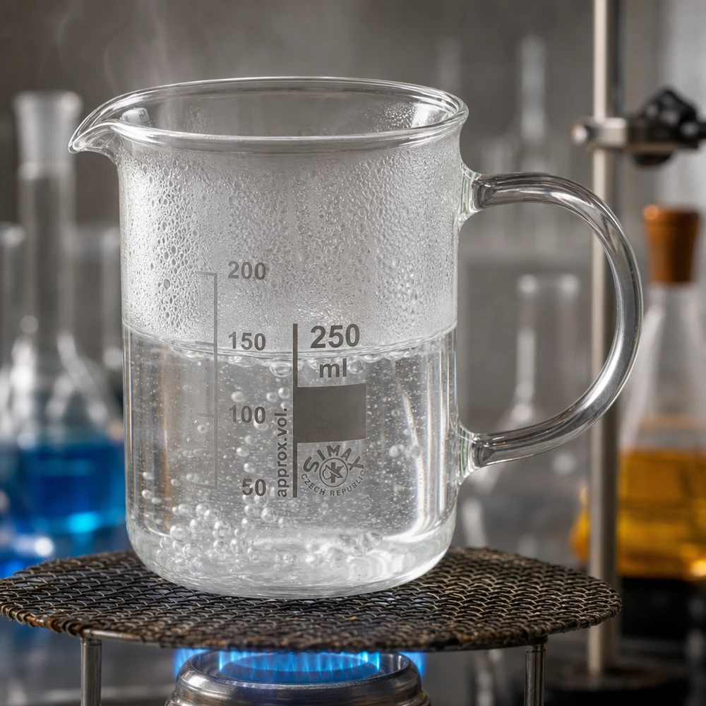 Bécher avec poignée 250ml en verre borosilicate résistant à la chaleur (forme normale) Bécher de 250 ml muni d'une anse, chauffé au bec Bunsen avec de l'eau bouillante en laboratoire