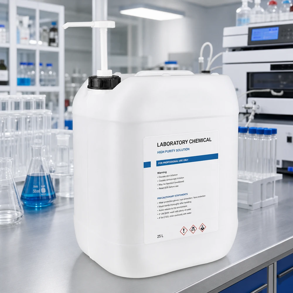Bidon robuste en PEHD de 20 litres avec pompe doseuse intégrée, destiné à un usage professionnel en laboratoire