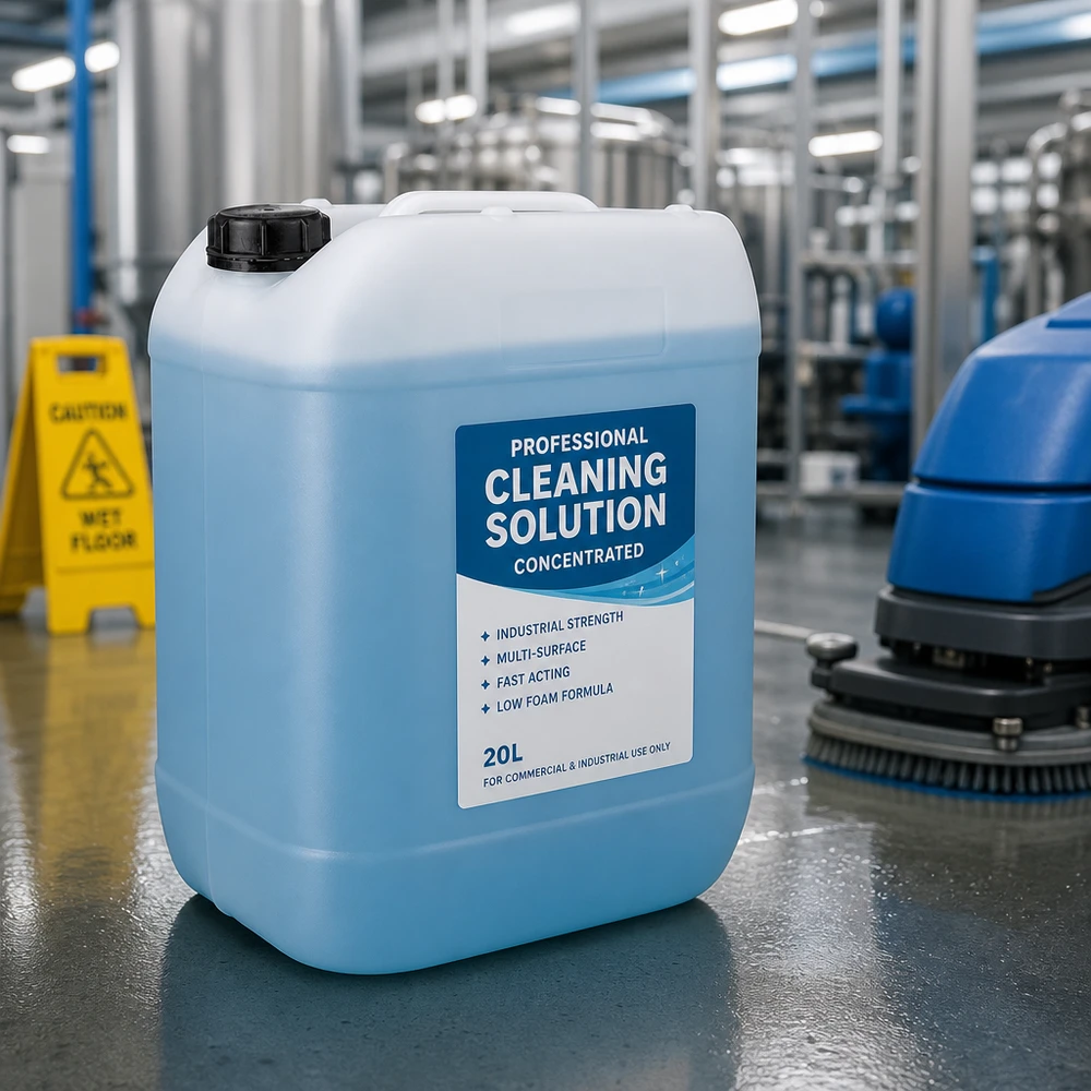Bidon industriel bleu de 20 litres avec bouchon à vis, destiné aux produits de nettoyage professionnels
