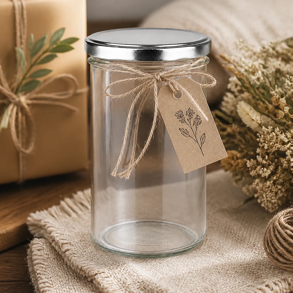 277ml verre renversé avec couvercle BasicSeal argenté arrangé de manière décorative avec étiquette cadeau et matériaux naturels