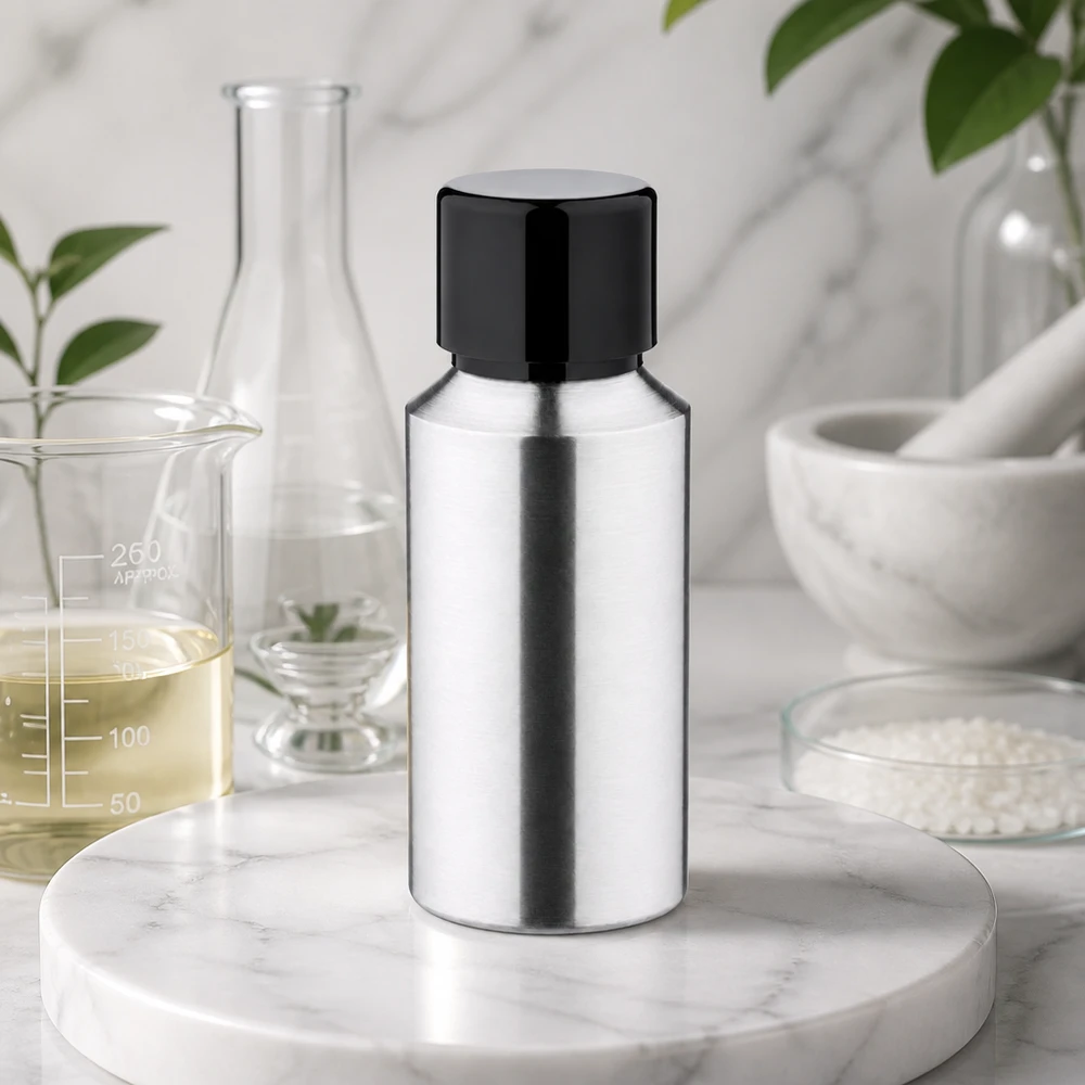 Bouteille en aluminium poncé 30 ml, avec bouchon à vis noir et joint conique Flacon en aluminium de 30 ml avec finition mate et bouchon à vis hygiénique en plastique