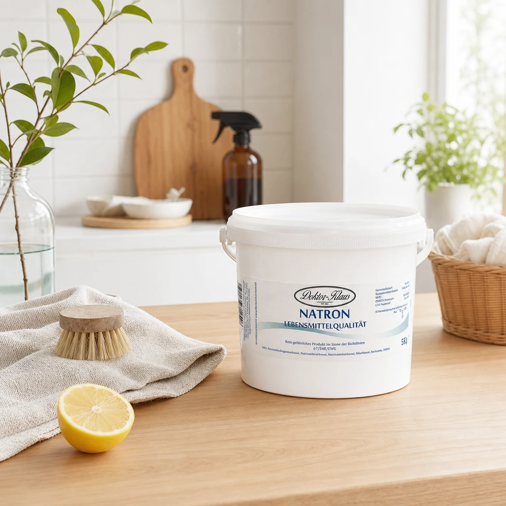 Bicarbonate de soude en gros 5kg de Doktor Klaus dans un seau blanc hygiénique sur plan de travail en bois