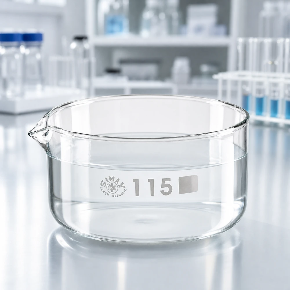 Coupelle de cristallisation 500 ml avec bec verseur Bol de cristallisation transparent 500 ml SIMAX République tchèque, verre borosilicaté, forme cylindrique, ø 115 mm
