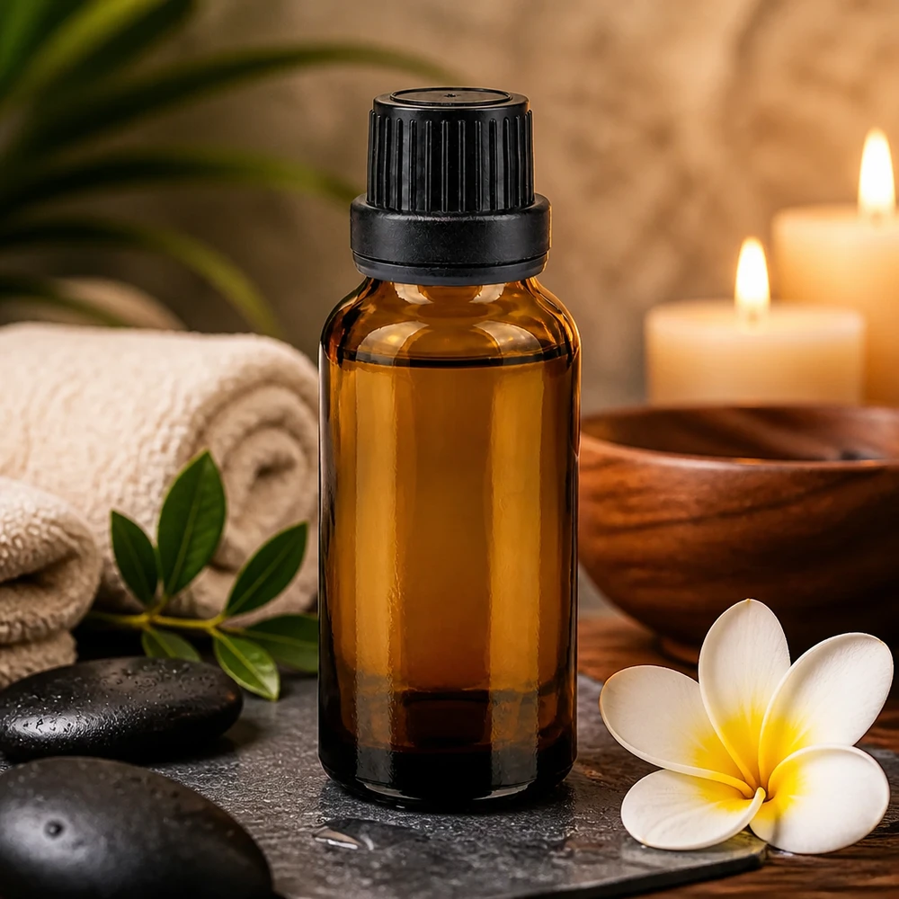 Flacon en verre brun de 20ml fermé par un bouchon vissable noir. Flacon en verre ambré de 20 ml avec bouchon de sécurité noir, protégeant de la lumière, pour huiles sensibles