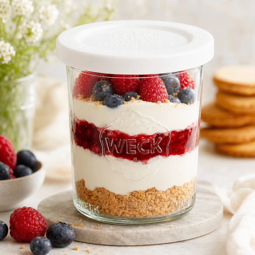 Bocal en verre de 160 ml avec couvercle hermétique WECK RR60 WECK 160ml verre renversé RR60 avec dessert en couches de yaourt, baies et miettes de biscuits - parfait comme verre à dessert