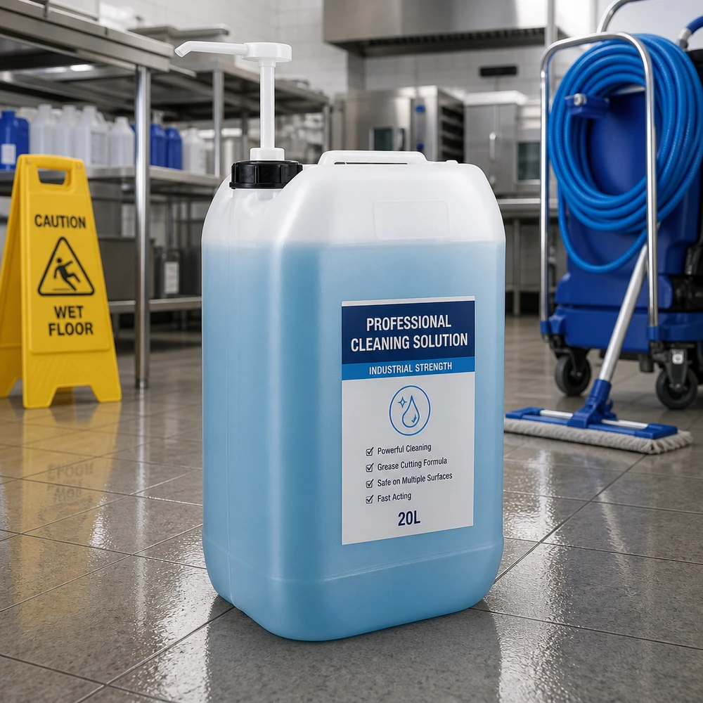 Bidon bleu de 15 litres muni d'une pompe doseuse dans une cuisine professionnelle, à côté d'un panneau d'avertissement et d'une serpillière