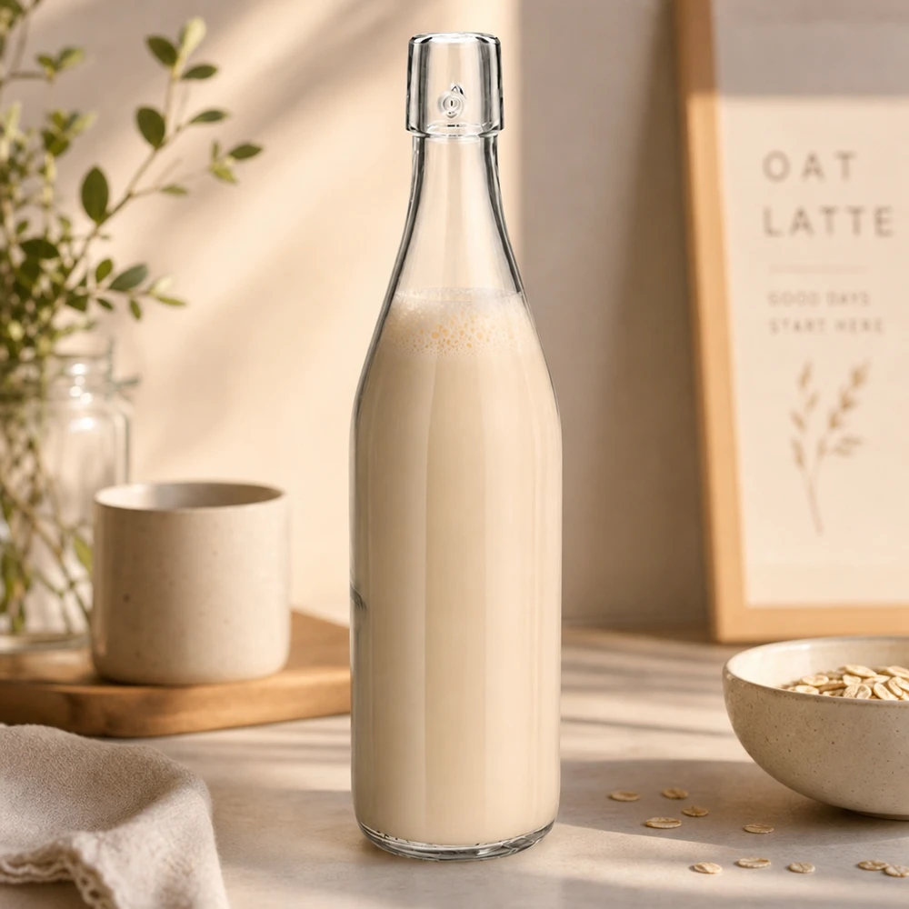 Bouteille en verre de 500ml UNiTWIST remplie de lait d'avoine en cuisine naturelle avec des flocons d'avoine comme scène de style de vie sain