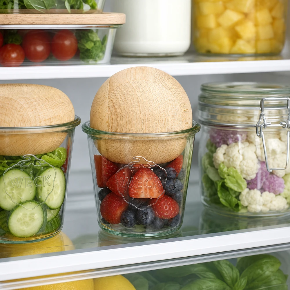 580ml bocal conique WECK RR100 avec boule en bois en hêtre WECK Sturzglas RR100 580ml mit Buchenholzkugel zur Frischehaltung von Beeren und Gemüse im Kühlschrank