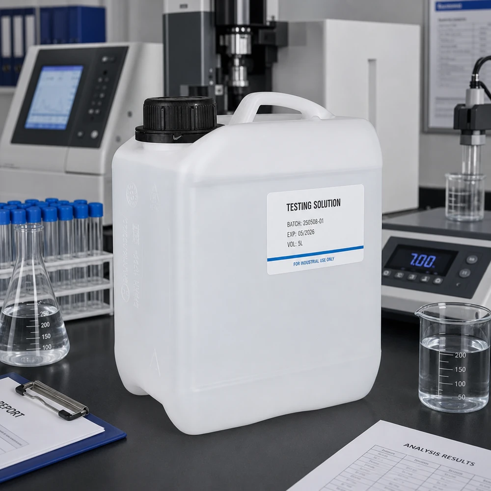 Bidon rectangulaire en PEHD de 2,5 litres avec étiquette « Solution d'essai » sur une paillasse de laboratoire