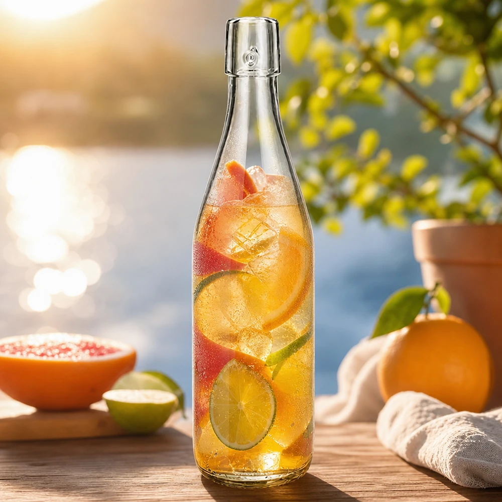 Bouteille en verre de 500 ml UNiTWIST remplie de thé glacé et de fruits en plein air pour un rafraîchissement estival aux agrumes