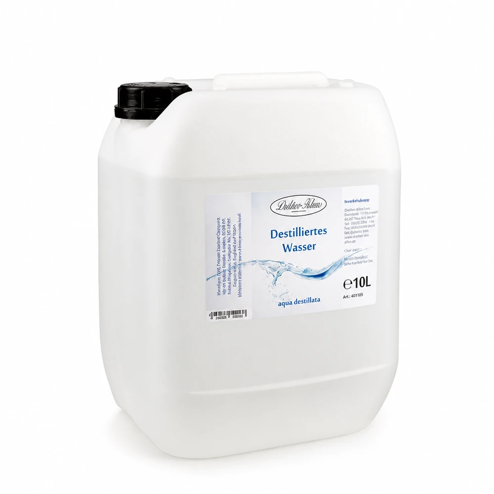 Eau distillée Doktor Klaus - Aqua dest 10 litres en jerrican premium teinte naturelle Doktor-Klaus destilliertes Wasser 10L Kanister mit blauem Etikett und Aqua destillata Kennzeichnung