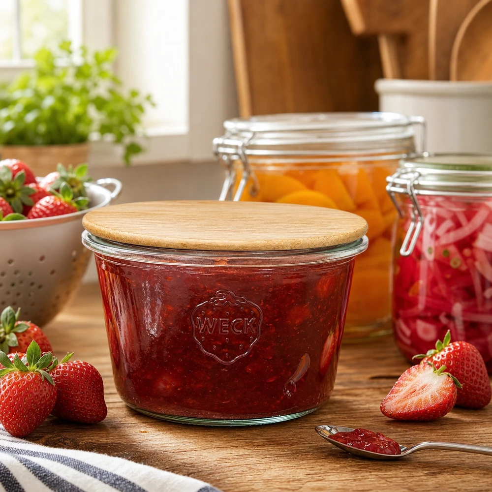 WECK RR100 Pot renversé rempli de confiture de fraises dans une ambiance de cuisine avec des fraises fraîches et des bocaux de conservation