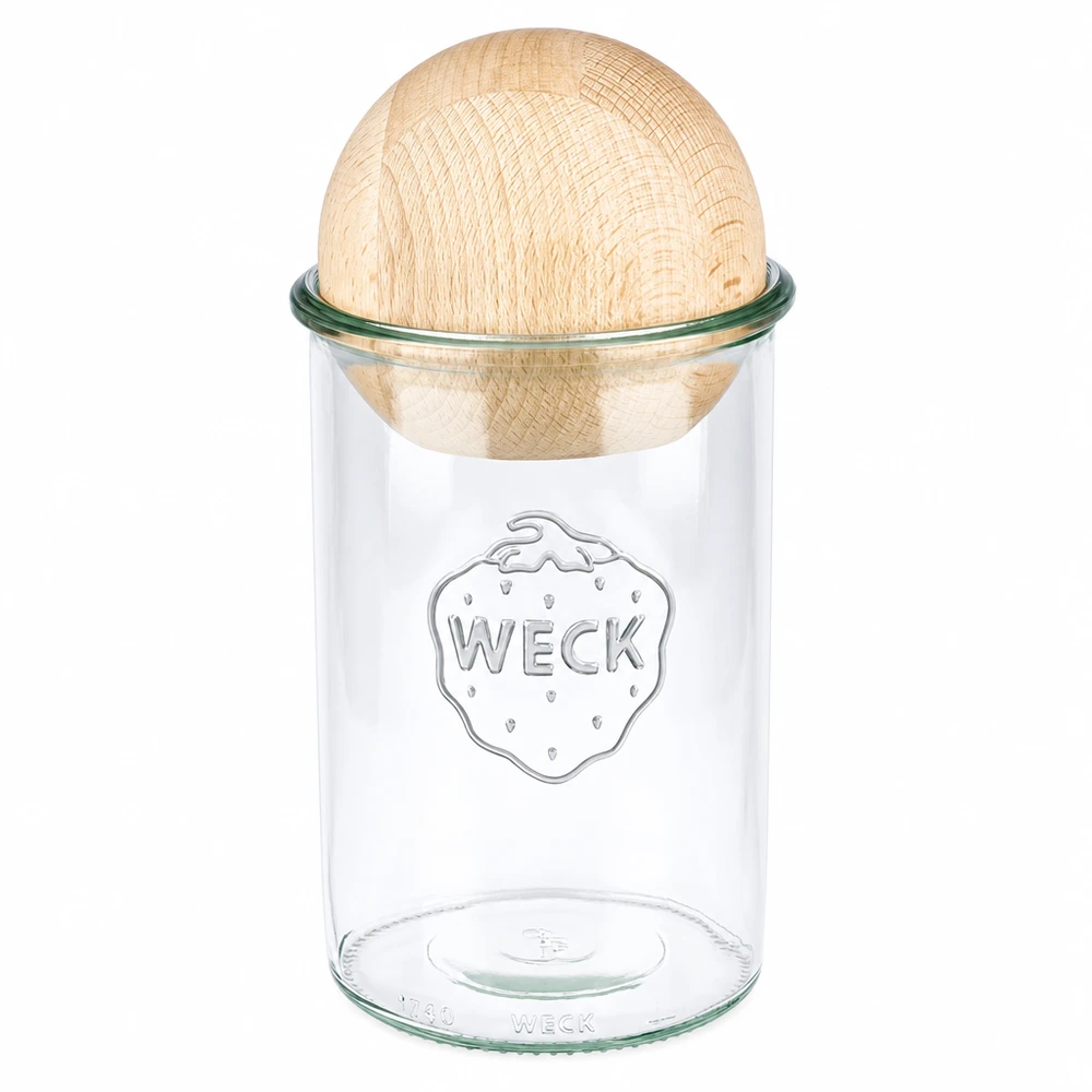 1000ml bocal conique WECK RR100 avec boule en bois en hêtre WECK Pot de 1000ml RR100 avec boule en bois de hêtre comme couvercle, pot de conserve avec logo sur fond blanc