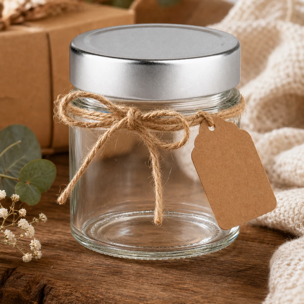 135ml Verre rond avec couvercle BasicSeal argent UNiTWIST 135ml verre rond avec couvercle argenté décoratif avec ficelle de jute et pendentif en papier kraft emballage cadeau rustique