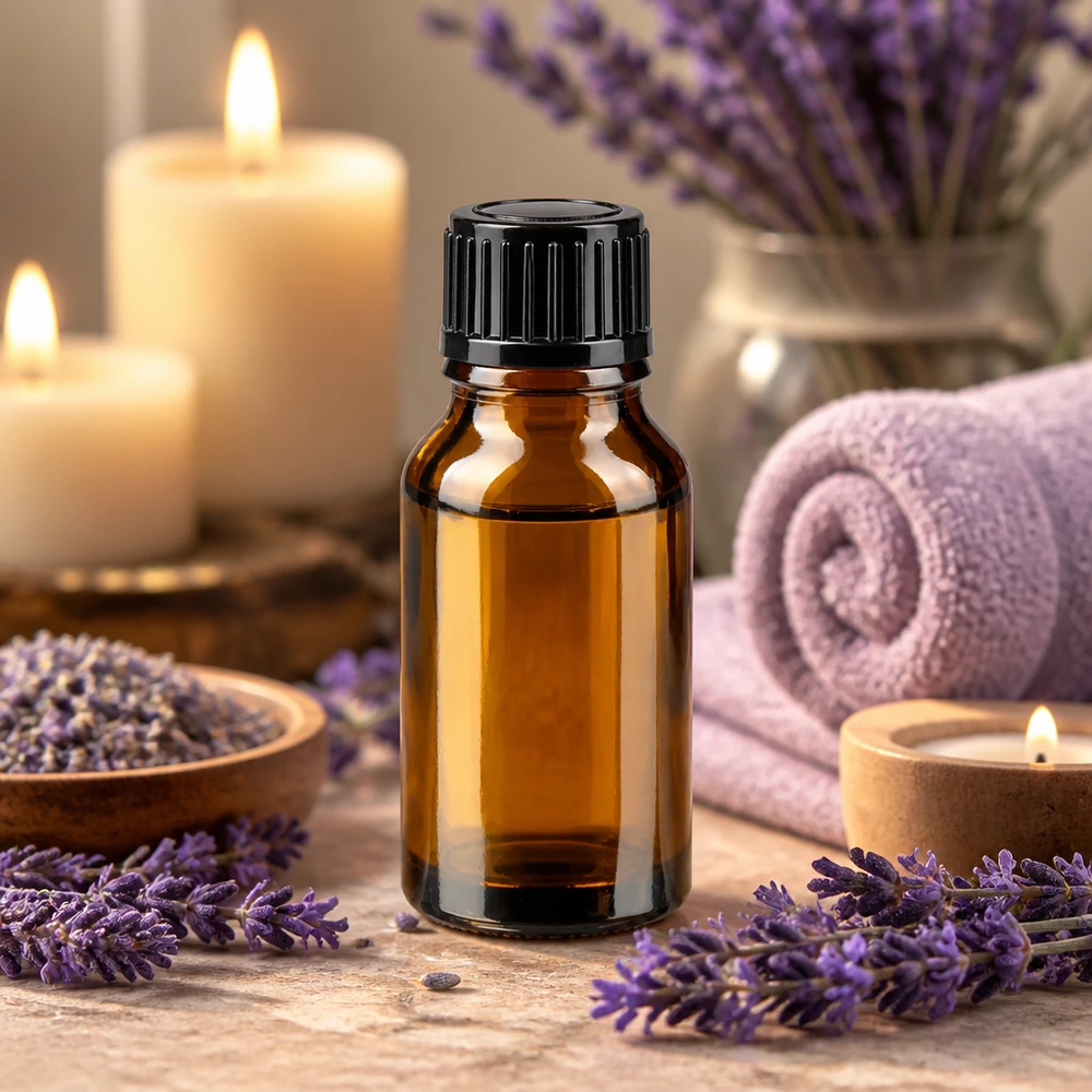 Flacon en verre brun 15ml avec bouchon à vis noir Flacon de pharmacie de 15 ml en verre ambré avec bouchon à vis noir, entouré de fleurs de lavande et de bougies