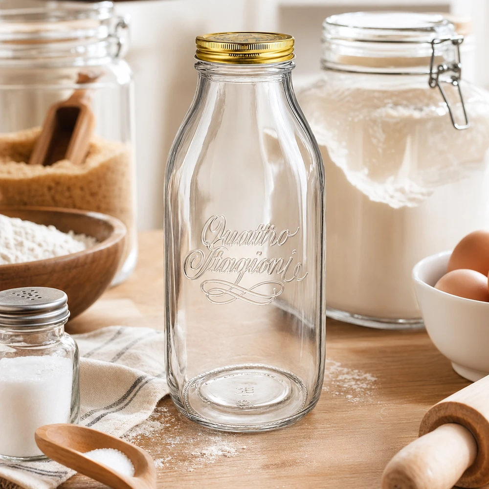 Bouteille en verre Quattro Stagioni 1000ml arrangée dans une cuisine rustique avec des ingrédients de boulangerie, de la farine, des œufs et des ustensiles en bois