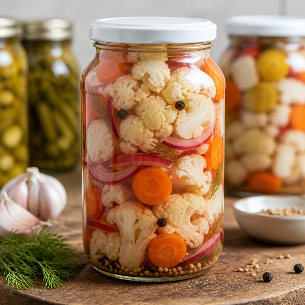 1062ml Verre rond avec couvercle BasicSeal blanc UNiTWIST 1062ml Bocal rond BasicSeal Couvercle avec légumes marinés Chou-fleur Carottes Mixed Pickles Bocal de conservation