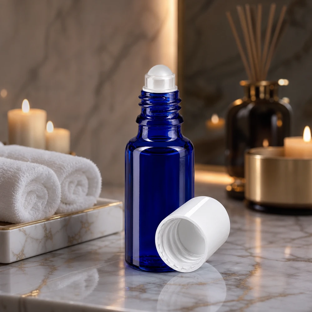 Flacon roll-on bleu cobalt de 20 ml avec un bouchon blanc, posé sur du marbre à côté de bougies et de serviettes