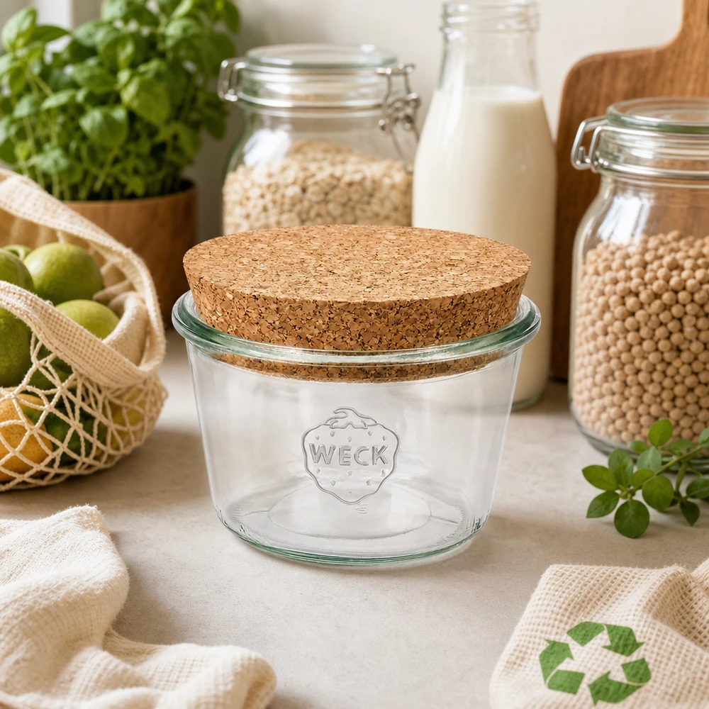 WECK Pot renversé 370ml RR100 avec couvercle en liège dans la cuisine durable zéro déchet avec des bocaux à provisions et des produits bio