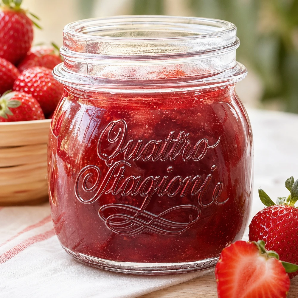 250ml Verre rond "Quattro Stagioni" QS70mm 250ml Quattro Stagioni Pot ménager rempli de confiture de fraises à côté de fraises fraîches sur une table en bois