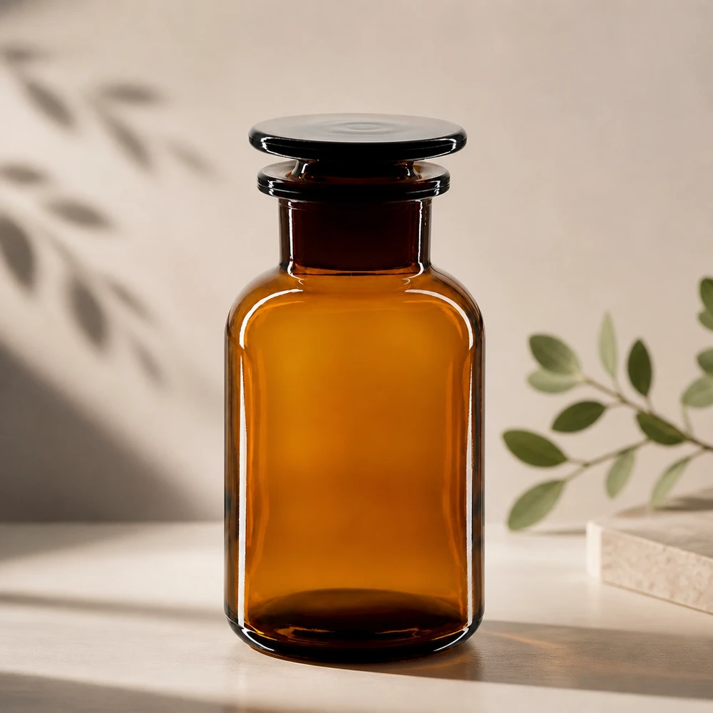 Flacon à épaulements arrondis, 250 ml, en verre ambré, à col large, avec bouchon en verre, pour une conservation à l'abri de la lumière