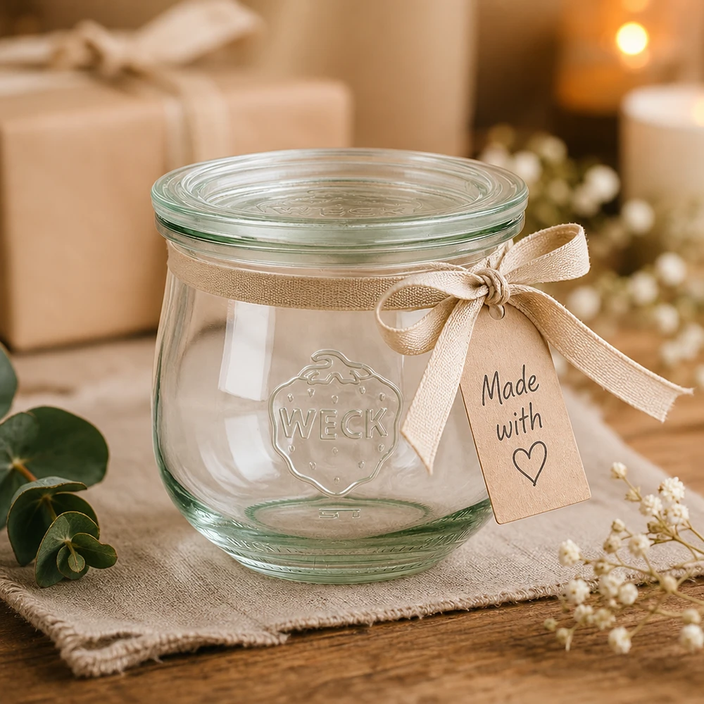 WECK Pot tulipe 370ml RR80 comme cadeau avec un ruban beige et un pendentif Made with Love dans une ambiance festive