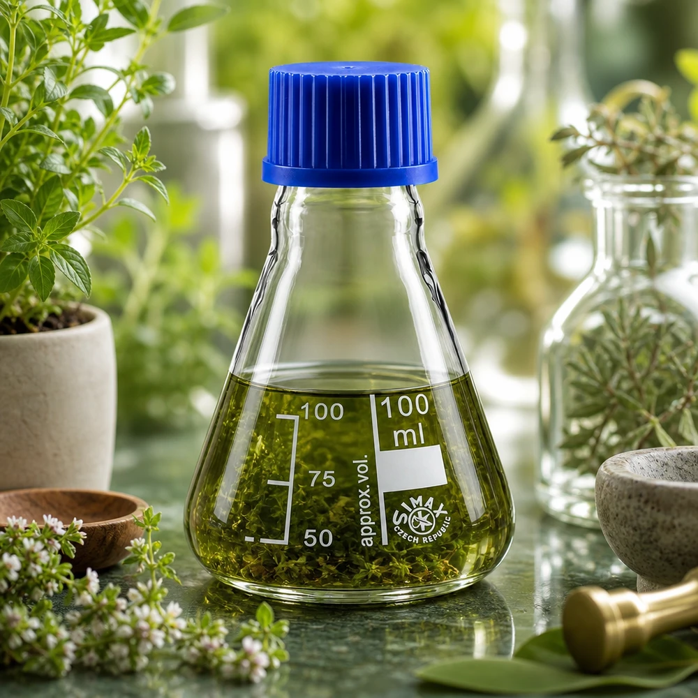Erlenmeyer 100 ml col étroit, verre borosilicate avec filetage et bouchon Erlenmeyer 100ml avec une qualité de verre robuste et un bouchon à vis pratique pour une utilisation continue