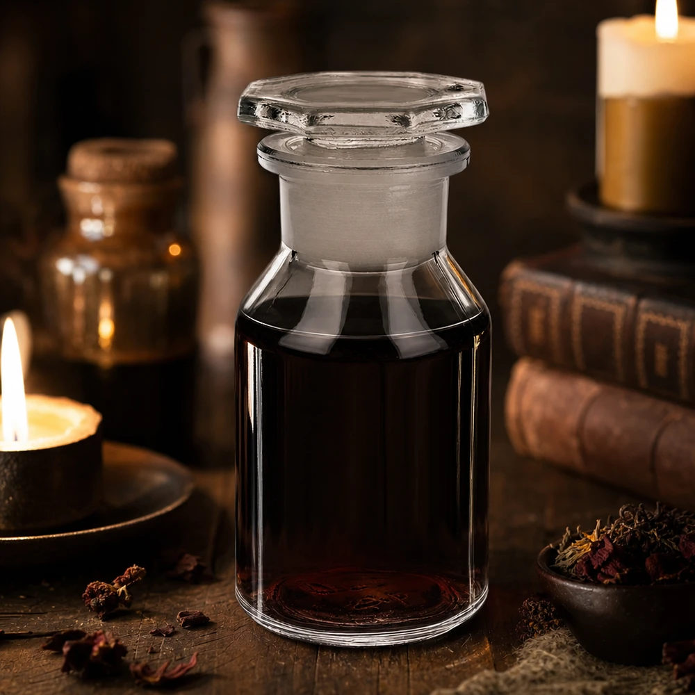 Flacon à col large et conique 50 ml en verre clair + bouchon de verre Flacon à col droit de 50 ml, transparent, avec bouchon en verre octogonal, au style vintage typique des pharmacies
