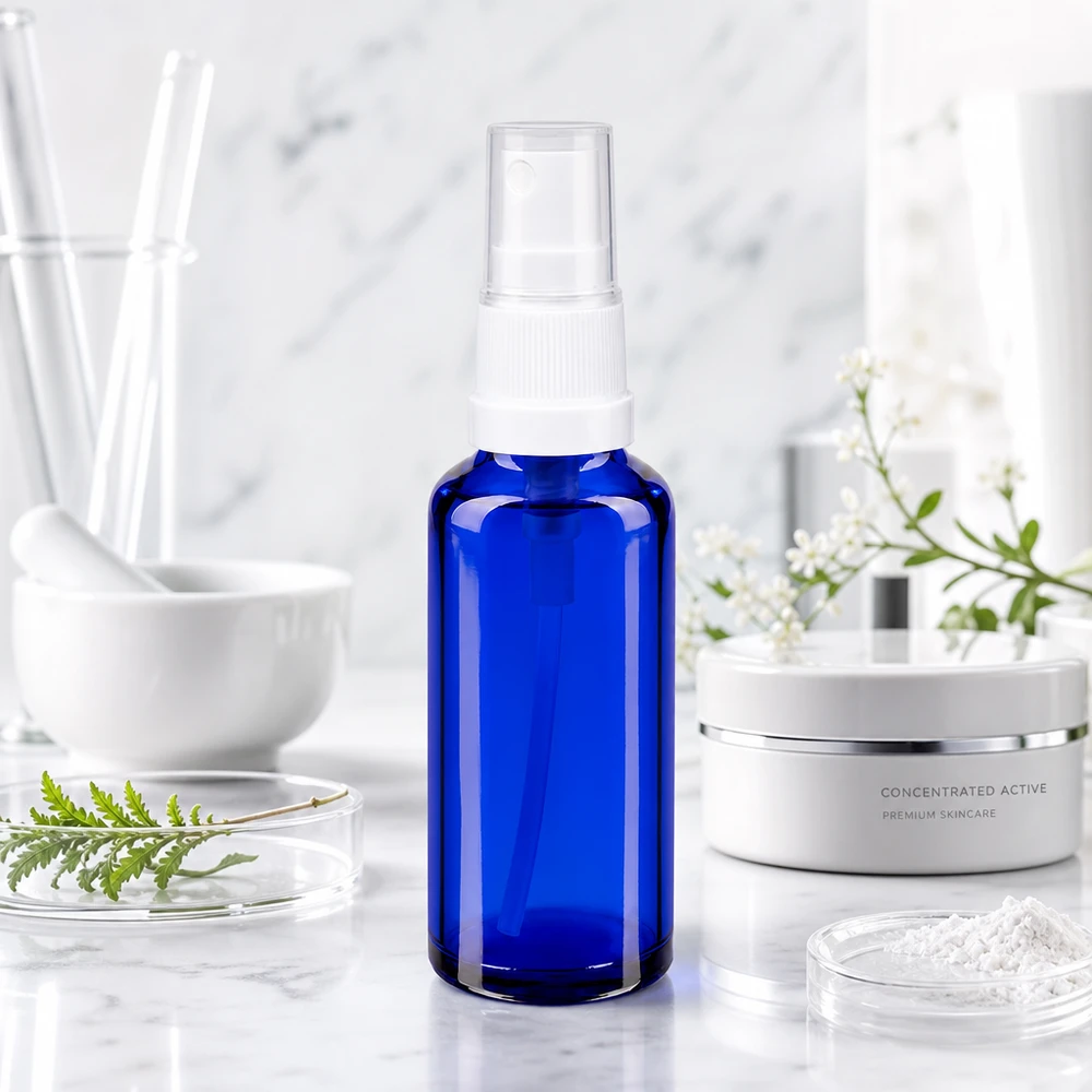 Flacon de pharmacie bleu 30ml embout spray blanc Flacon pulvérisateur en verre d'apothicaire bleu cobalt de 30 ml avec vaporisateur blanc, dans un cadre de laboratoire dédié aux soins de la peau