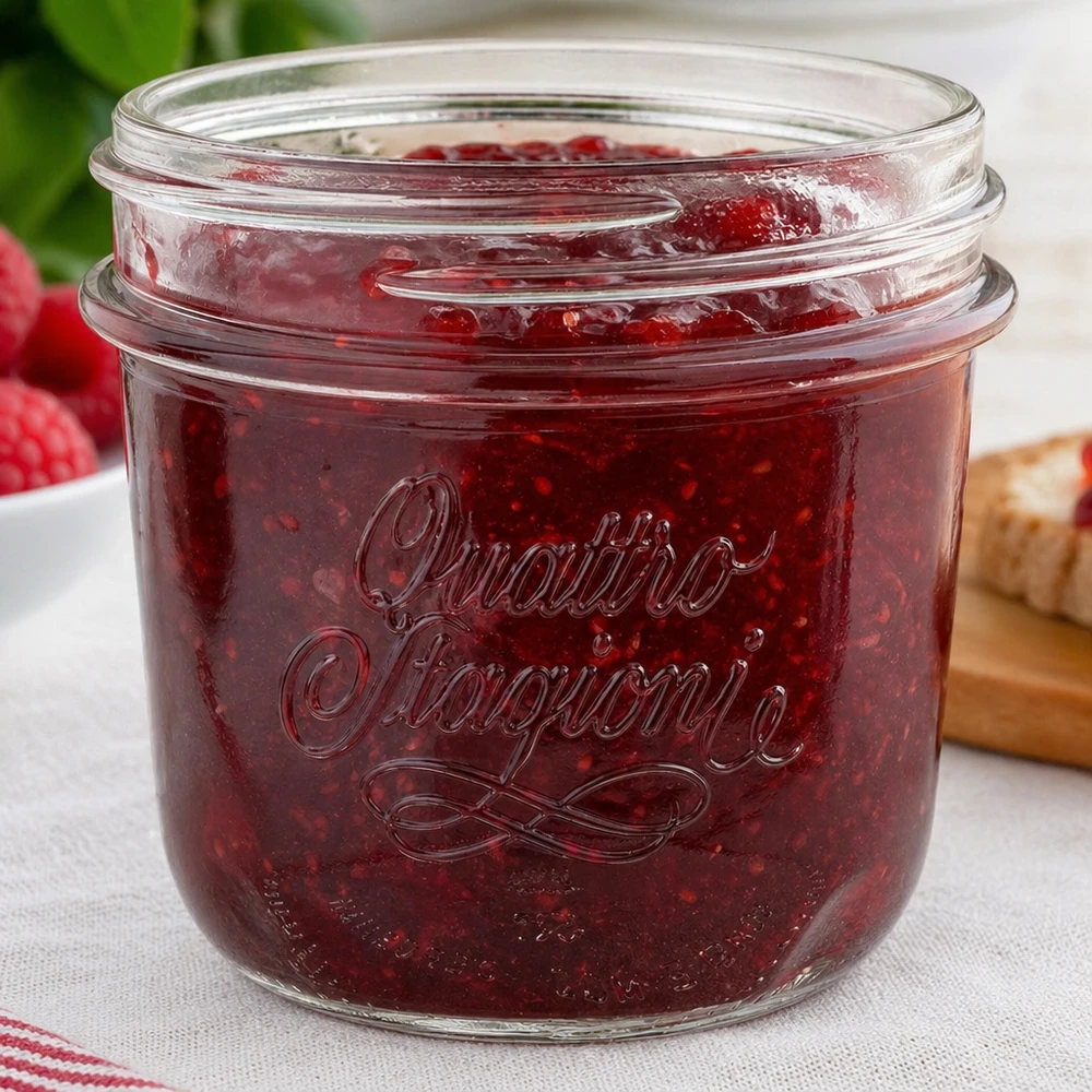 200ml Verre rond "Quattro Stagioni" QS86mm Quattro Stagioni 200ml Einmachglas mit roter Marmelade gefüllt - perfekt für hausgemachte Konfitüren und Aufstriche