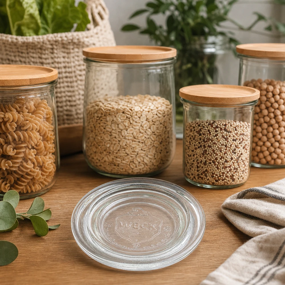 Couvercle en verre WECK RR40 WECK Couvercle en verre RR40 en verre transparent avec couvercles en bambou pour une conservation élégante des provisions dans une cuisine moderne