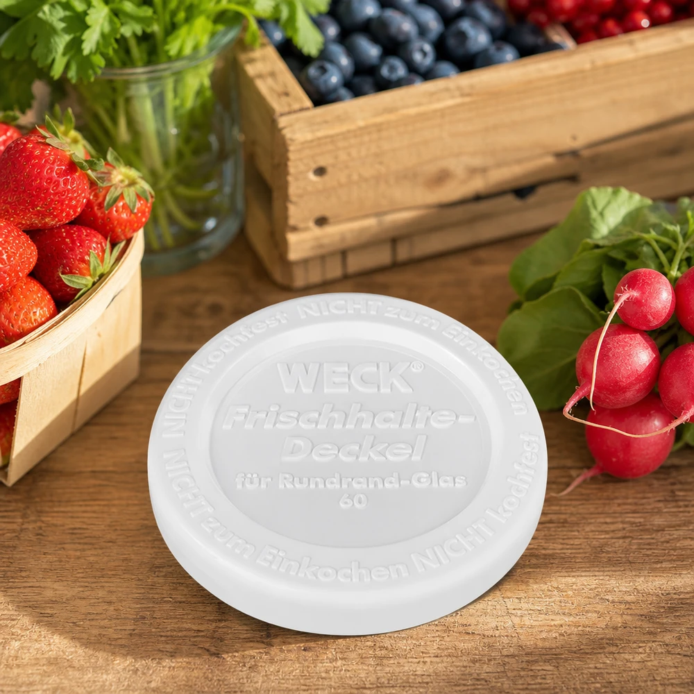 Couvercle fraîcheur WECK RR60 WECK Couvercle fraîcheur RR60 Scène Lifestyle table en bois fruits frais légumes fraises myrtilles radis herbes aromatiques