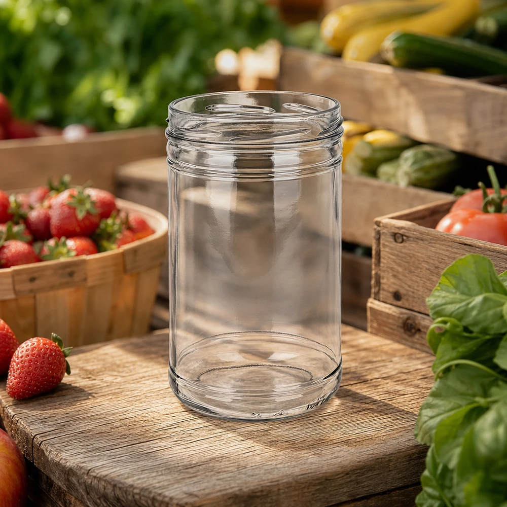 UNiTWIST Pot renversé 1053ml TO100 Pot de conserve vide entre des légumes frais et des fraises sur une planche en bois dans la cuisine