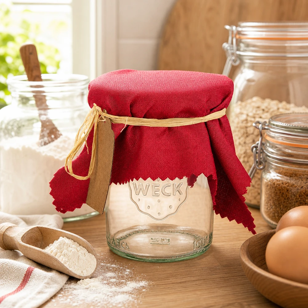 Tissu cache-bijoux bordeaux 15cm carré Couvre-bijoux en tissu rouge bordeaux 15cm sur verre WECK avec ruban de raphia dans une cuisine de campagne confortable avec des œufs et de la farine
