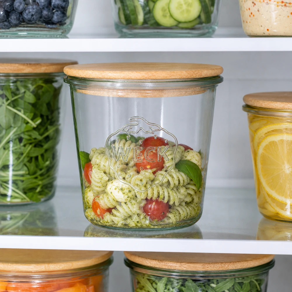 580ml bocal conique WECK RR100 avec couvercle en bois WECK Pot renversé 580ml avec couvercle en bois rempli de salade de pâtes au réfrigérateur pour conserver les aliments au frais